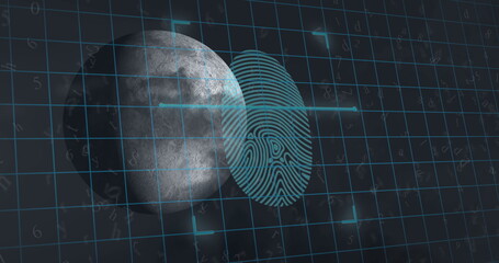 Image of biometric fingerprint scanner over grid network and moon against grey background