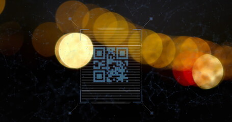 Image of neon qr code scanner and network of connections over spots of light on black background