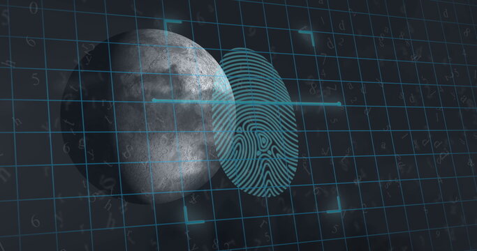 Image of biometric fingerprint scanner over grid network and moon against grey background
