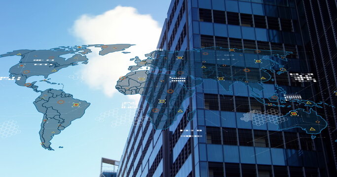 Data processing and world map over tall building against blue sky