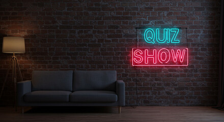 Living room scene featuring a gray sofa, floor lamp, and a neon sign that reads quiz show on brick wall