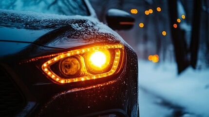 Dark Luxury Car Headlight Illuminated Bright Amber Winter Night Snowy Roadside Drive Automotive Detailing Modern Vehicle Transportation Cold Speed Image Photo Design Travel Frozen 