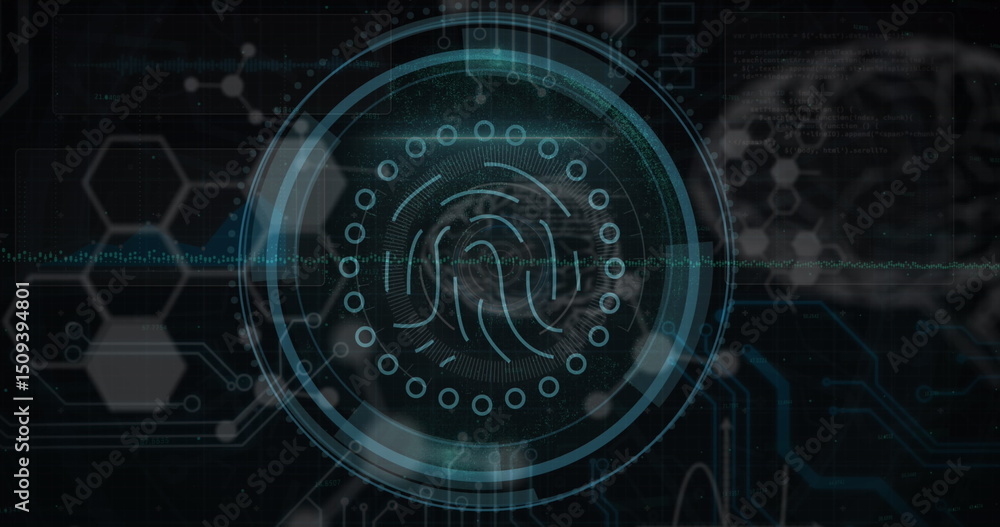Poster cyber security text over round scanner against medical data processing on black background