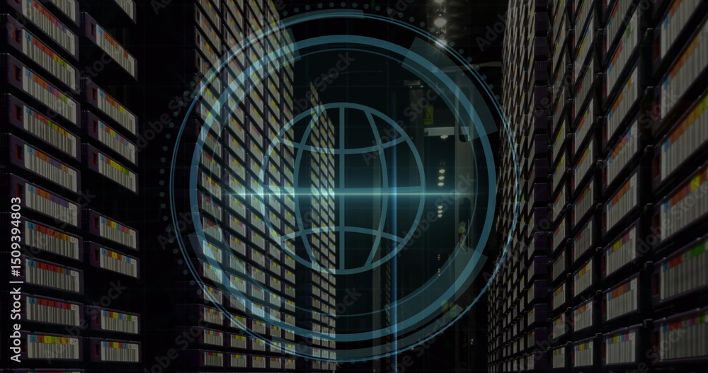Poster cyber security text over round scanner against empty computer server room