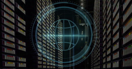 Cyber security text over round scanner against empty computer server room