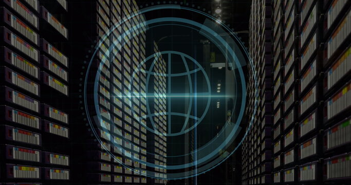 Cyber security text over round scanner against empty computer server room