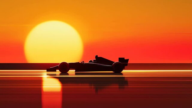 Silhouette of Formula One Car Racing at Sunset on Reflective Track &ndash; Speed and Elegance

