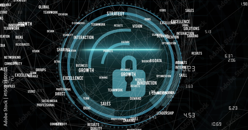 Poster image of cyber security and padlock in circle texts on black background
