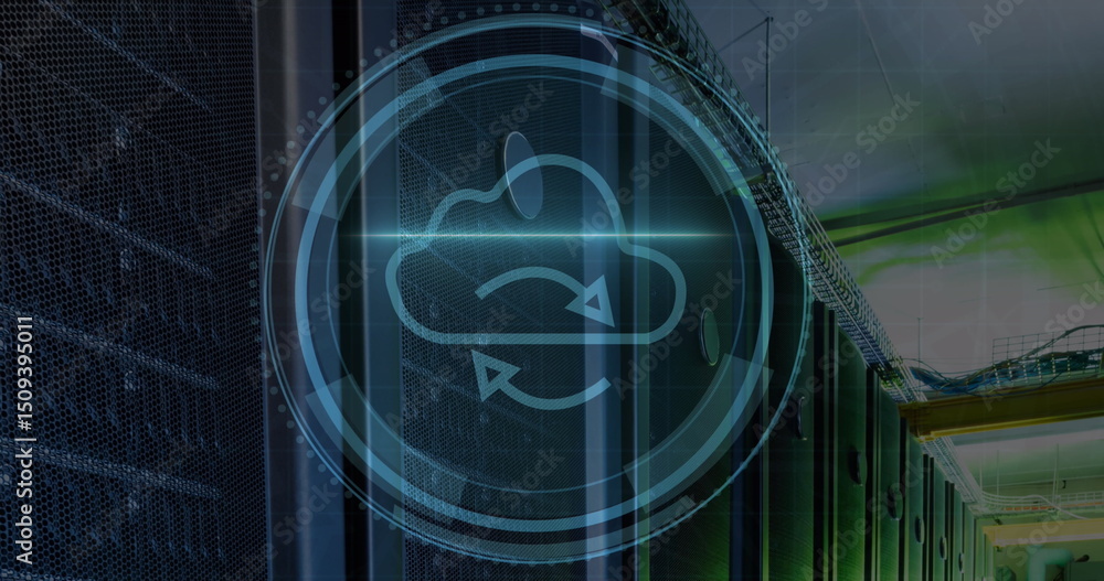 Poster cyber security text over round scanner against empty computer server room