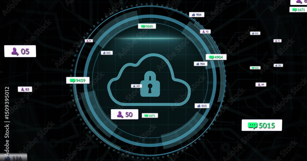 Poster image of social media icons and numbers with data processing over cloud