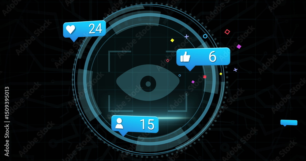 Poster speech bubbles with increasing numbers and cyber security text on round scanner on black background