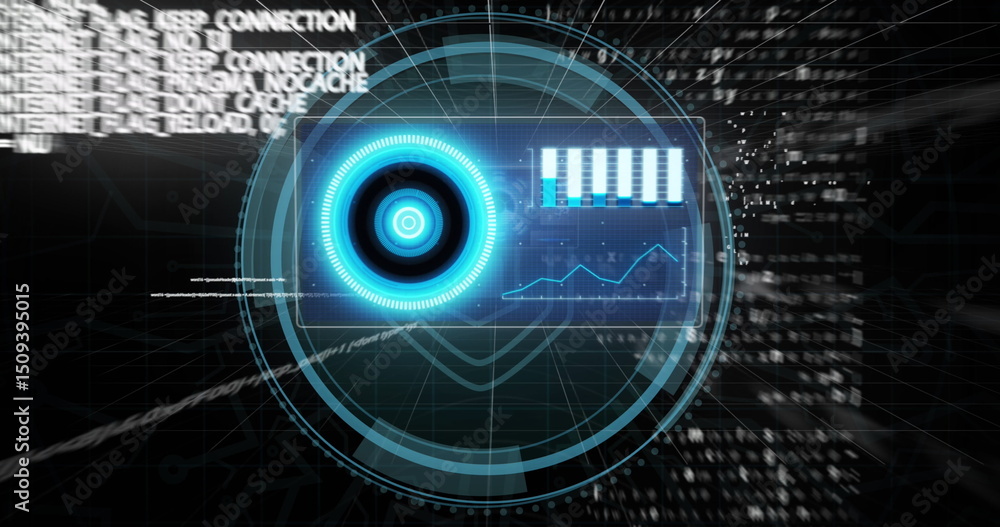 Poster cyber security text over round scanner and interface with data processing on black background