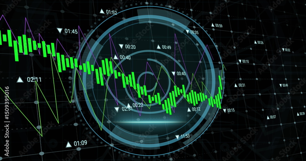 Aufkleber financial data processing and cyber security text over round scanner against black background