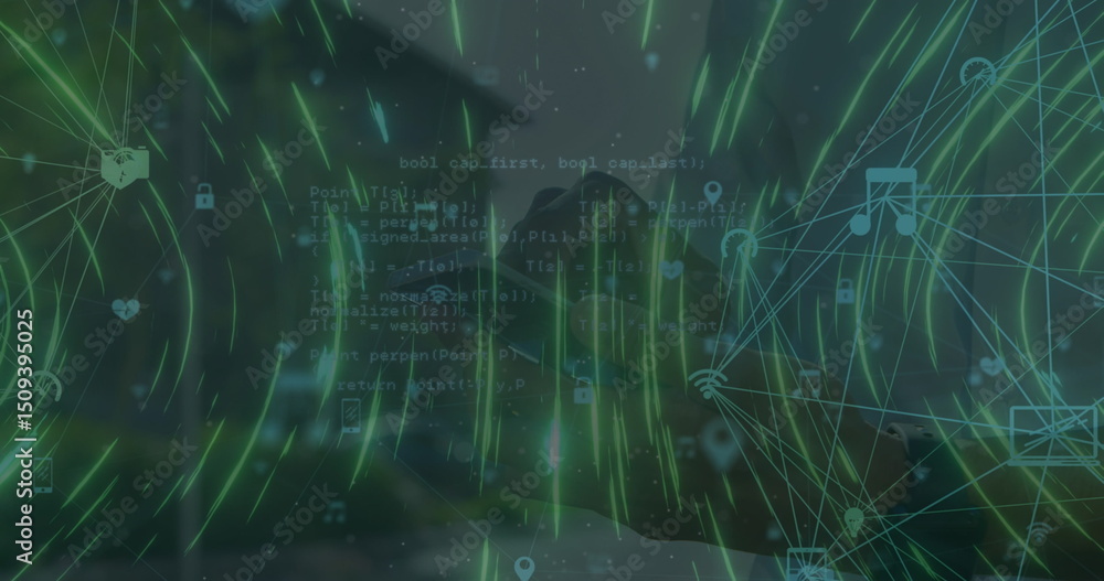 Poster light trails spinning and data processing against mid section of a person using smartphone