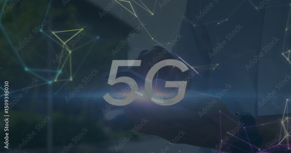 Poster 5g text and network of connections against mid section of a man using smartphone