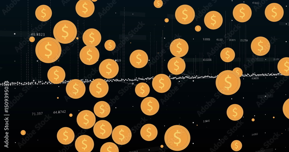Poster image of multiple dollar symbols over financial data processing against black background