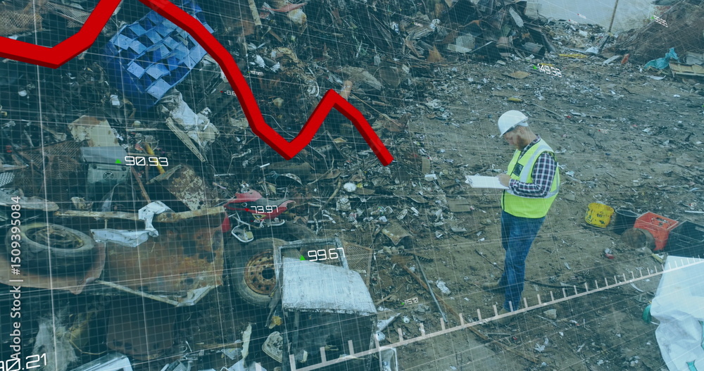 Poster image of graphs and data processing over african american man with face mask