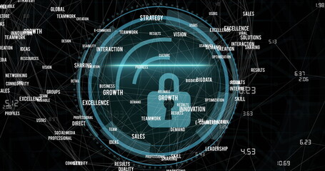 Image of cyber security and padlock in circle texts on black background