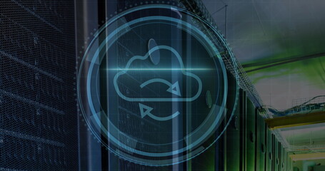 Cyber security text over round scanner against empty computer server room