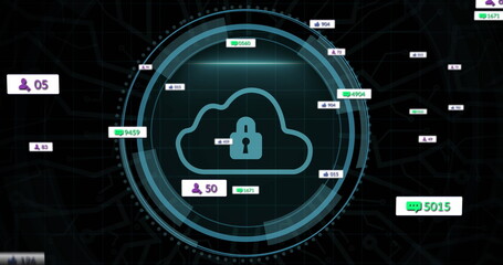 Image of social media icons and numbers with data processing over cloud