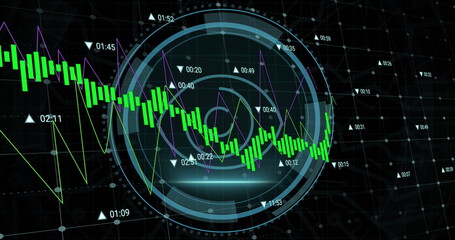 Financial data processing and cyber security text over round scanner against black background