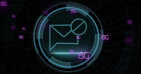 Image of cyber security and email in circle over 6g on black background