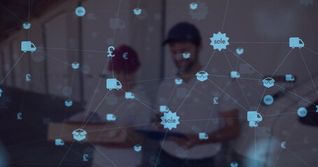 Image of media icons over caucasian male and female deliverers