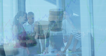 Image of financial data processing over diverse businesspeople discussing against stack of coins