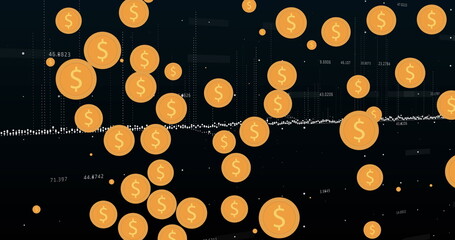 Image of multiple dollar symbols over financial data processing against black background