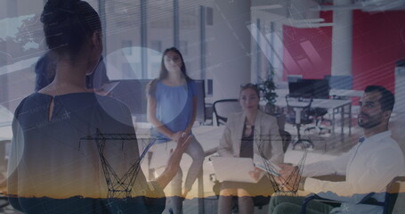 Statistical data processing against african american woman giving a presentation at office