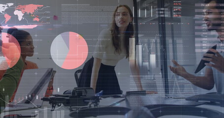 Statistical data processing against office colleagues discussing together at office