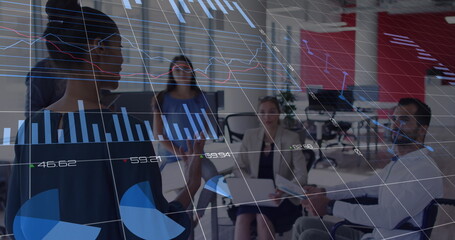 Statistical data processing against african american woman giving a presentation at office