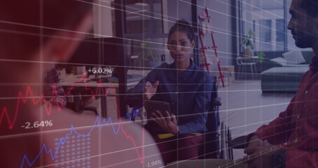 Statistical data processing against african american woman discussing with her office colleagues