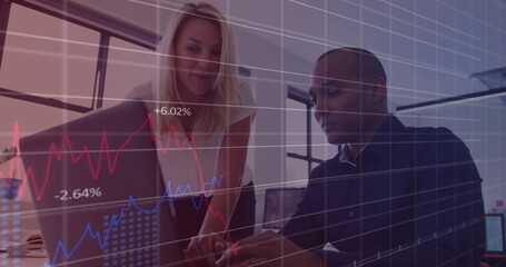 Statistical data processing against diverse male and female office colleagues discussing at office