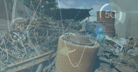 Image of network of connections over drone with parcel over harbor