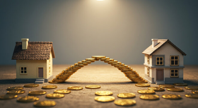 Two houses connected by a bridge made of gold coins symbolizing investment in real estate market growth