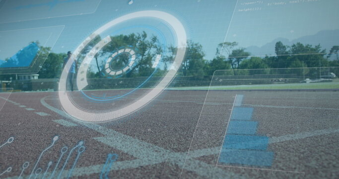 Image of data processing over disabled african american male runner