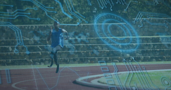 Image of data processing over disabled african american male runner - Powered by Adobe
