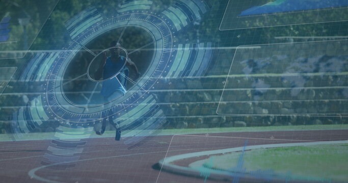 Image of data processing over disabled african american male runner