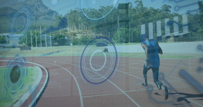 Image of data processing over disabled african american male runner