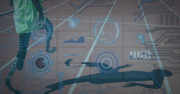 Image of data processing over disabled african american male runner