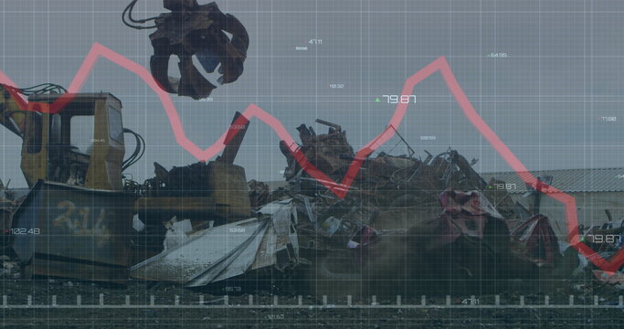 Image of statistical data processing over grid network against crane operating at junkyard