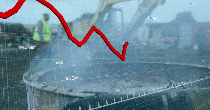 Image of statistical data processing over grid network against crane operating at junkyard