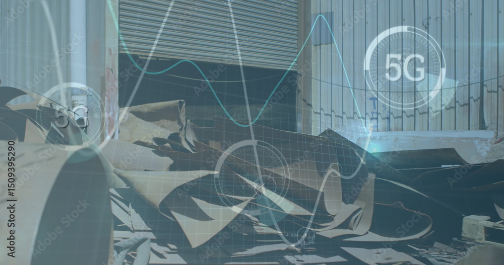 Poster 5g text over multiple round scanners and graphs moving against scrap metal at junkyard