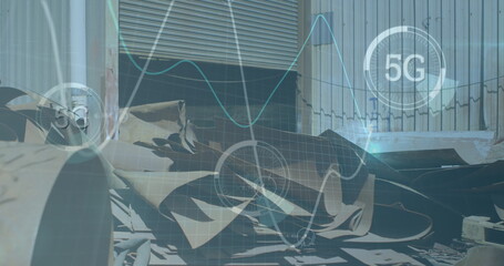 5g text over multiple round scanners and graphs moving against scrap metal at junkyard