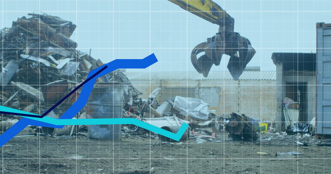 Image of statistical data processing over grid network against crane operating at junkyard