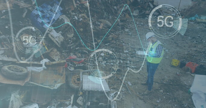 5g text over multiple round scanners and graphs moving over male engineering working at junkyard - Powered by Adobe