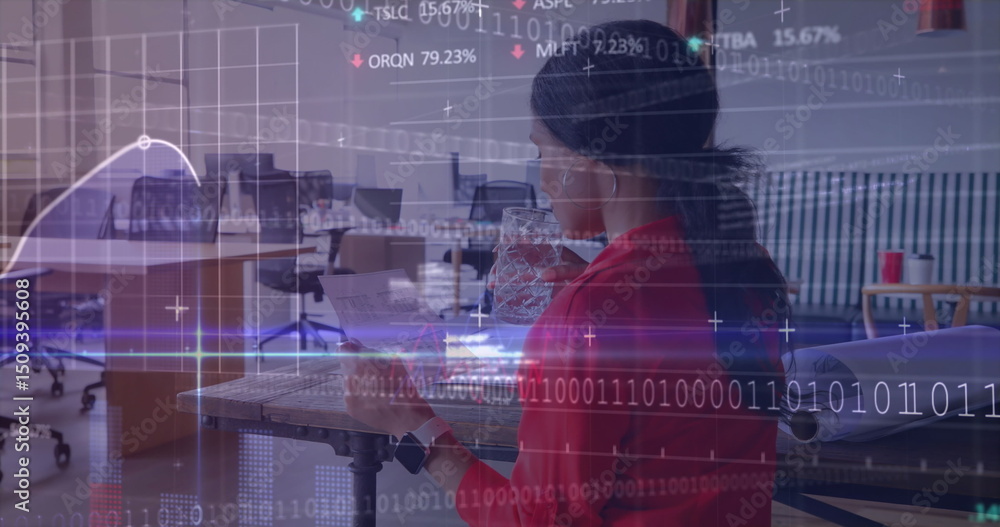 Poster image of binary coding and data processing over businesswoman in office