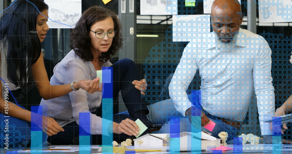 Poster image of statistical data processing against diverse office colleagues reading memo notes
