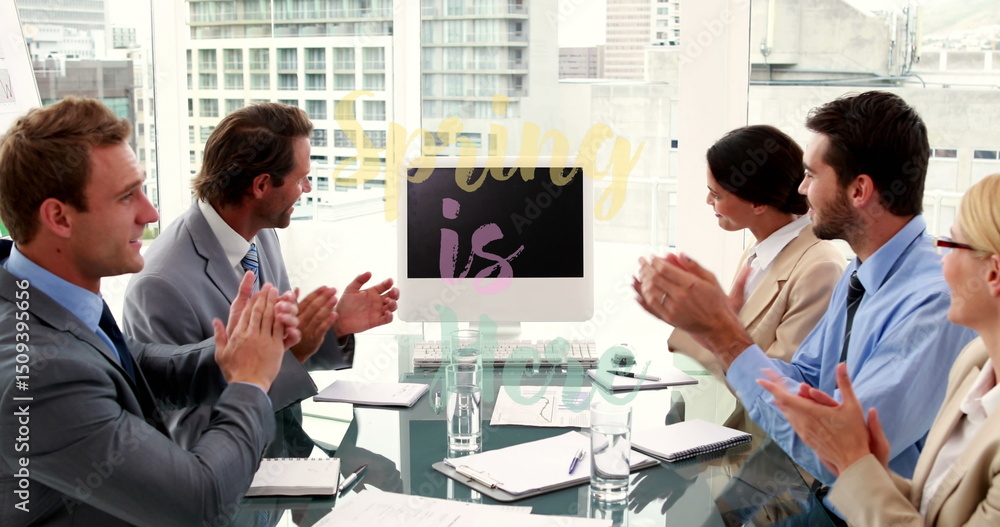 Poster image of spring is here over caucasian coworkers clapping hands and screen with copy space